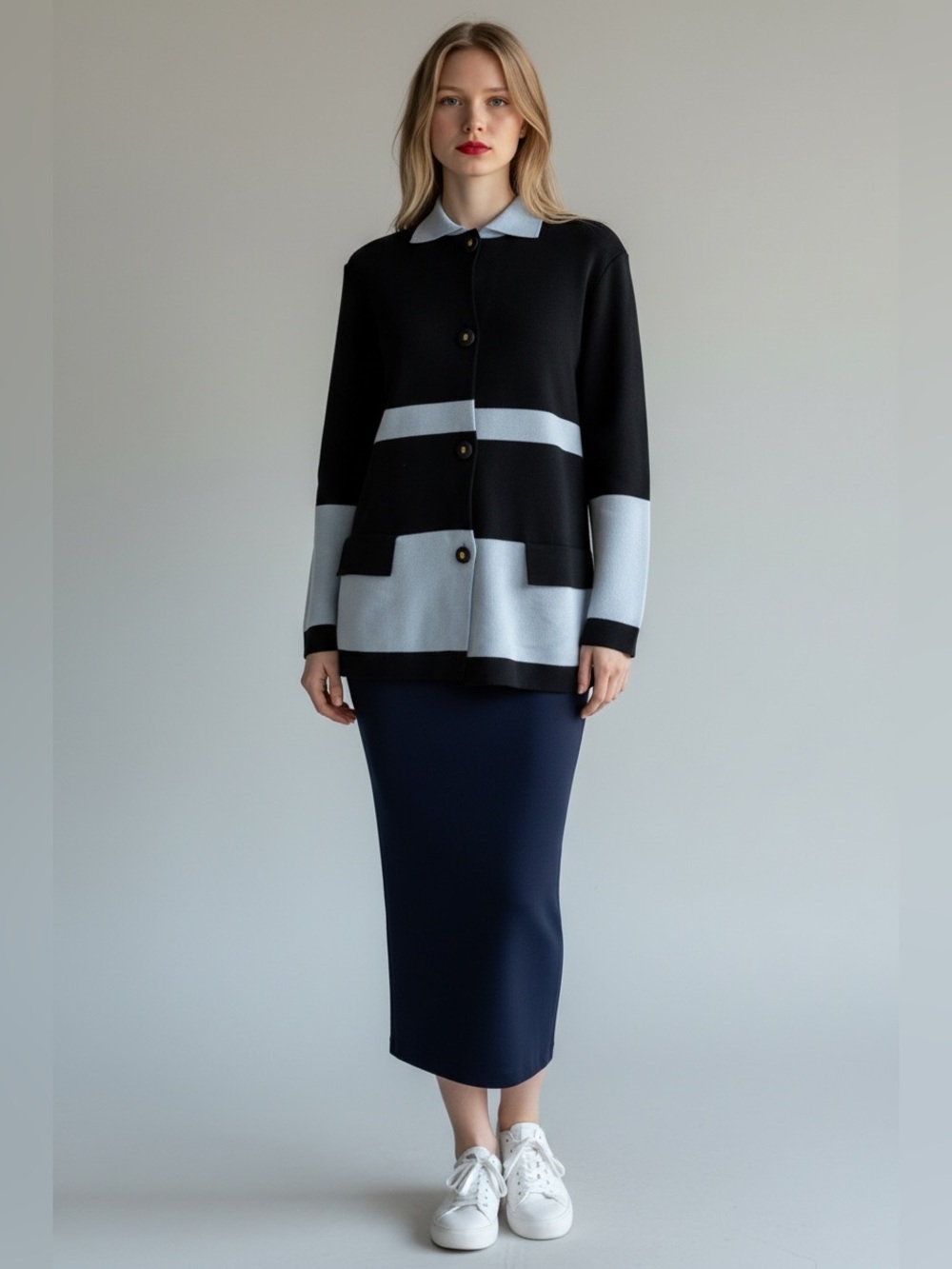 Fendi Black and Light Blue Colorblock Cardigan